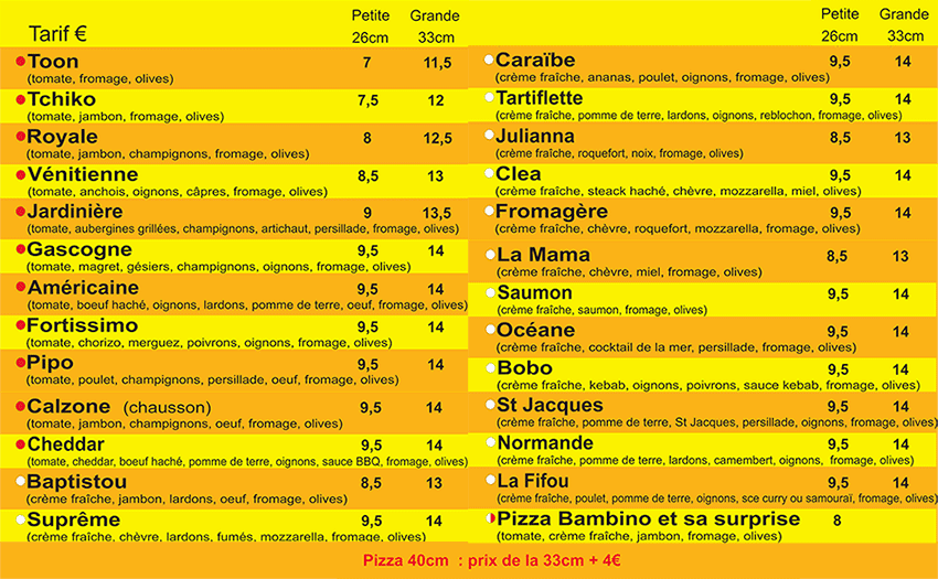 Carte des pizzas de Papa Distelo